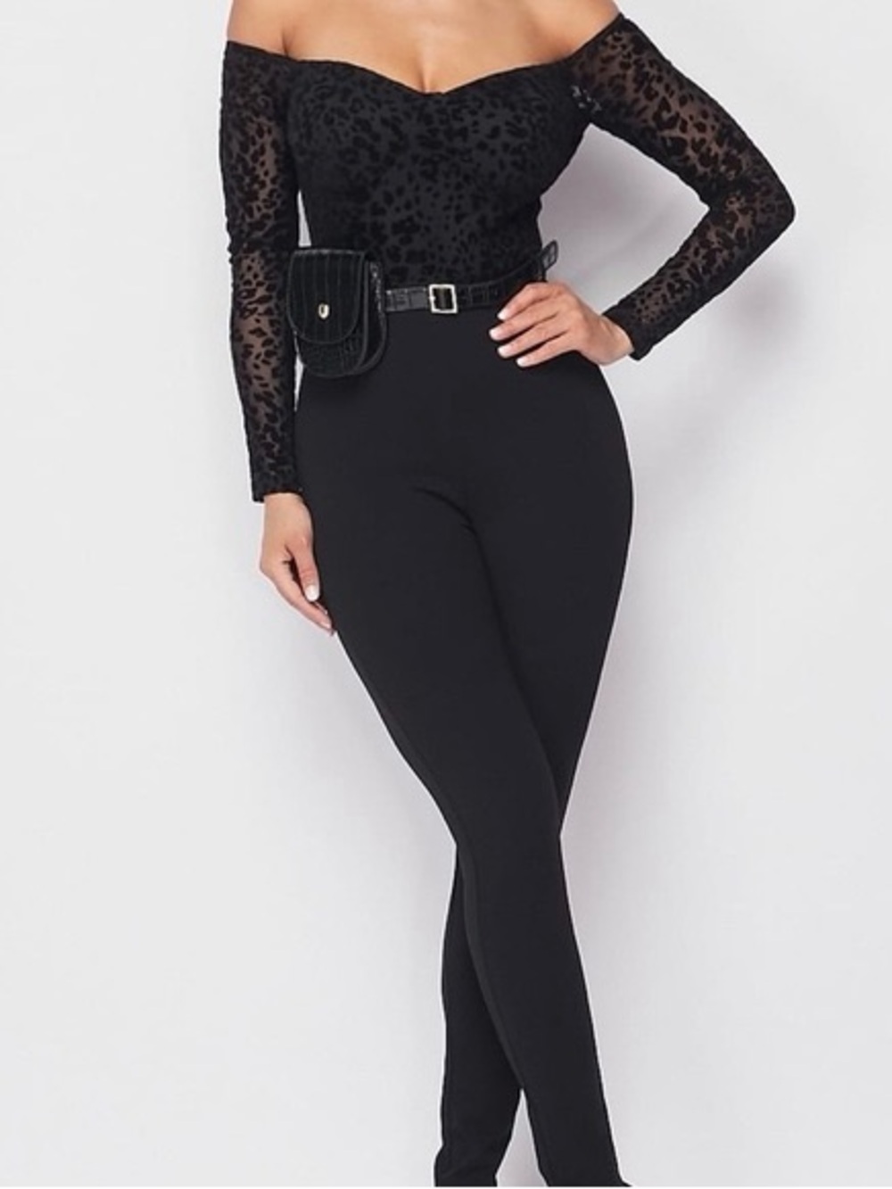 Fashion Nova Black Off-Shoulder Lace Sleeve Skinny Jumpsuit